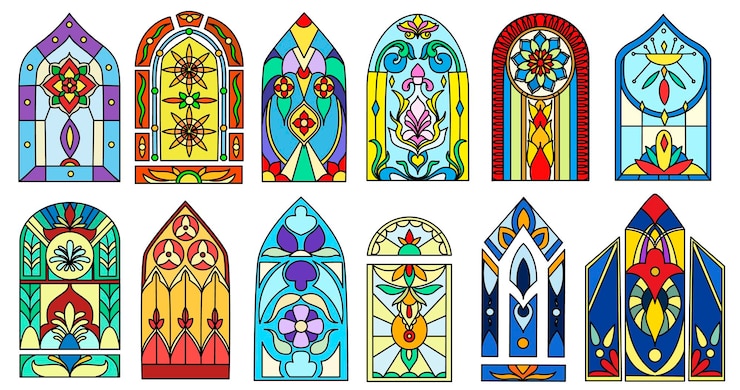 Free Vector colorful stained glass windows of vintage church buildings