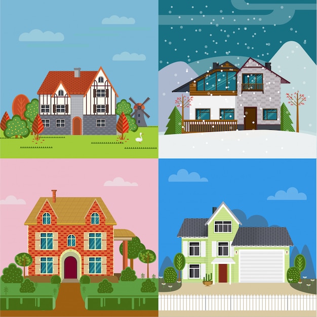 Free vector colorful suburban cottages flat concept