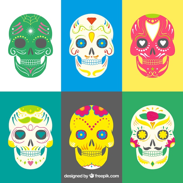 Free vector colorful sugar skulls collection