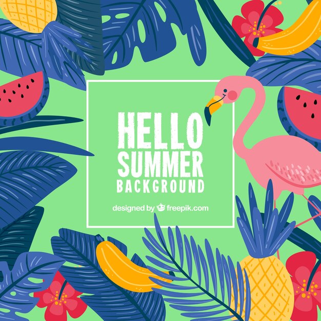 Colorful summer background with leaves and flamingo