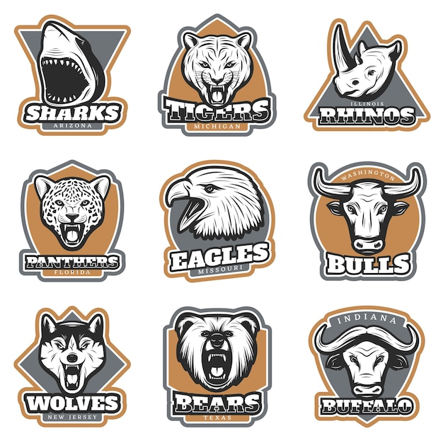 Free vector colorful team sport animals logotypes set