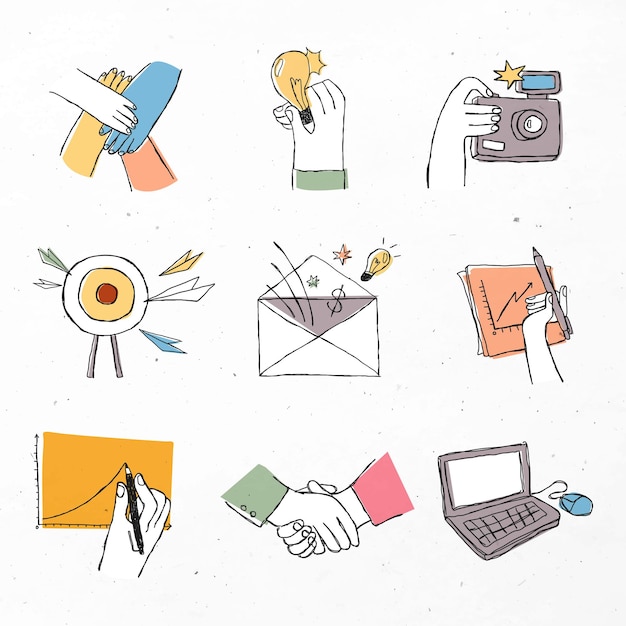 Colorful teamwork icons  with doodle art design set