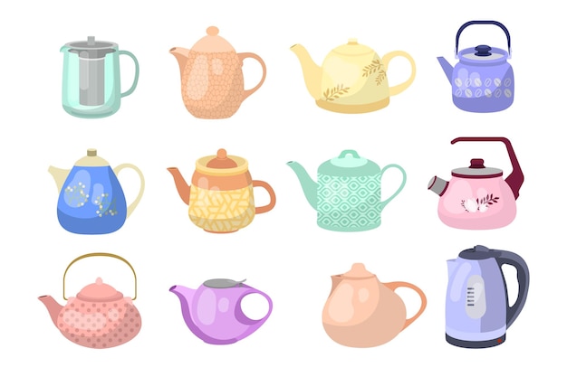 Colorful teapots and kettles cartoon illustration set. Ceramic, glass and electric kettles for boiling water. Household, kitchen utensils, decoration, teatime concept