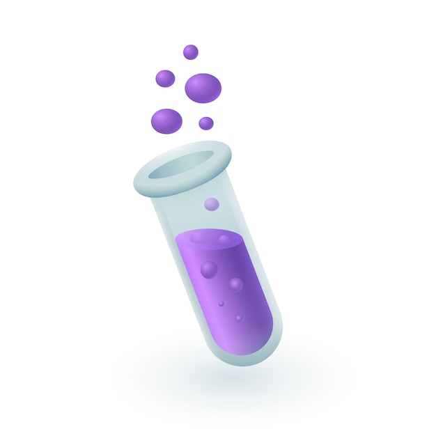 Colorful test tube icon in 3d cartoon style. Laboratory glass tube, beaker or flask with liquid flat vector illustration. Science, chemistry, pharmacy, biology, experiment concept