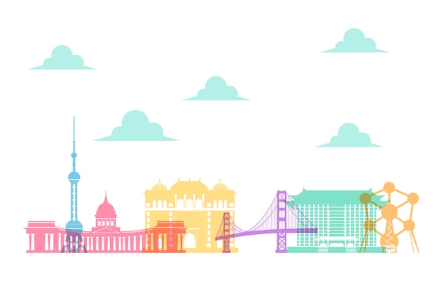 Free vector colorful thematic landmarks skyline design