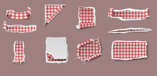 Free vector colorful torn and ragged paper set of different shapes with gingham tablecloth pattern isolated