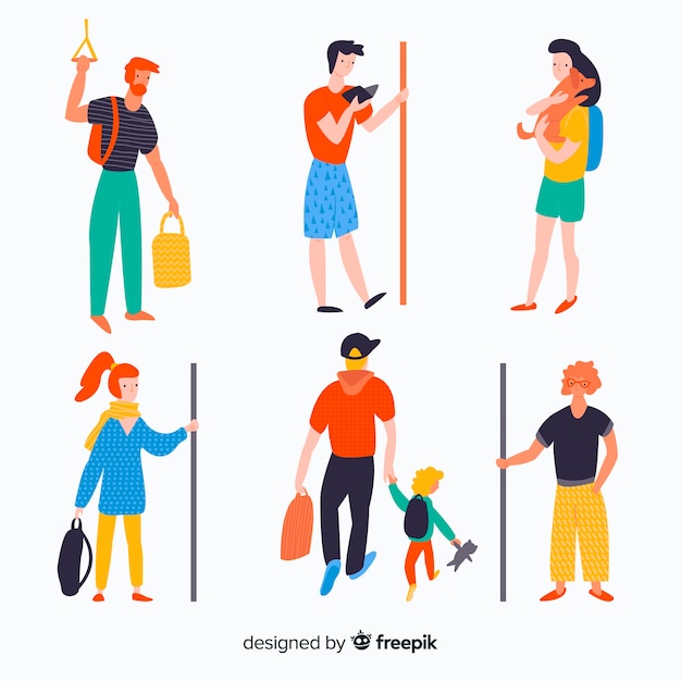 Free vector colorful traveler in different situations set