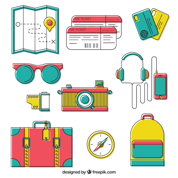 Free vector colorful traveler equipment