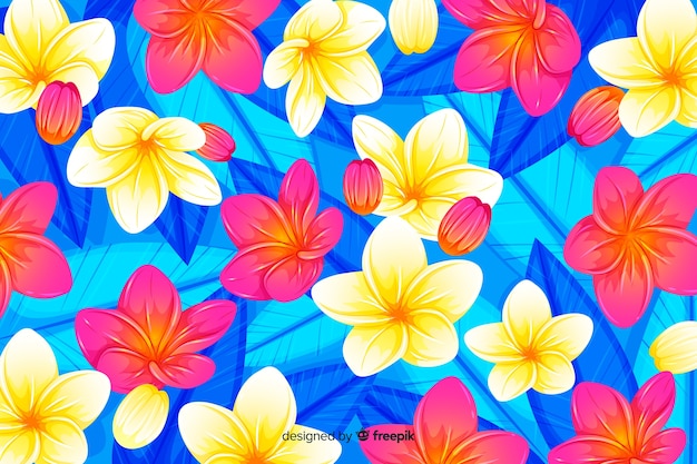 Free vector colorful tropical flowers and leaves background