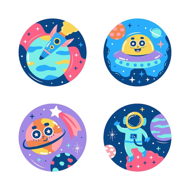 Free vector colorful universe stickers collection