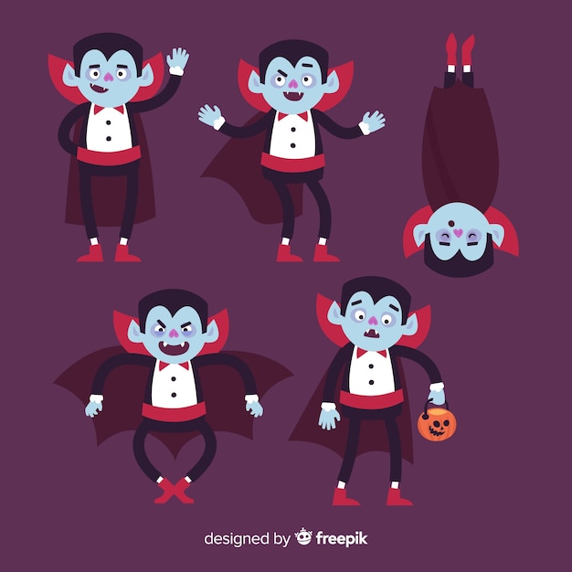 무료 벡터 평면 디자인으로 화려한 뱀파이어 캐릭터 컬렉션