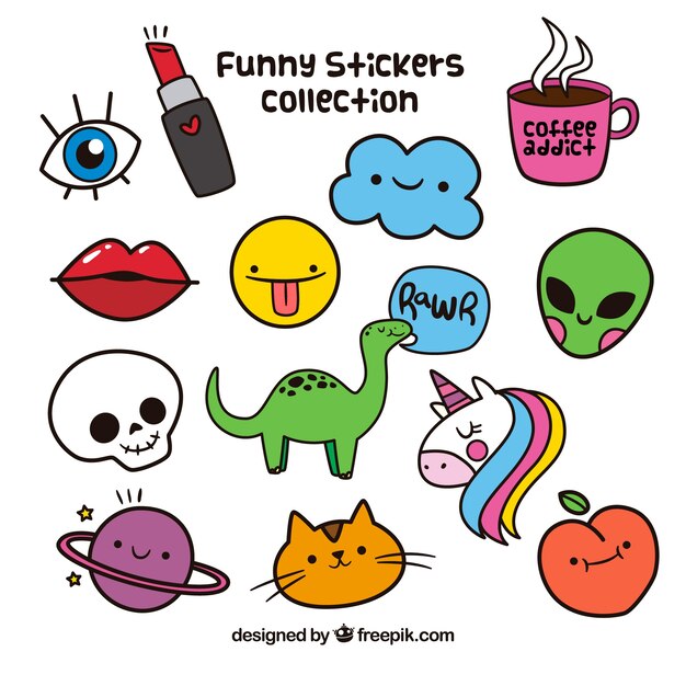 Colorful variety of hand drawn stickers
