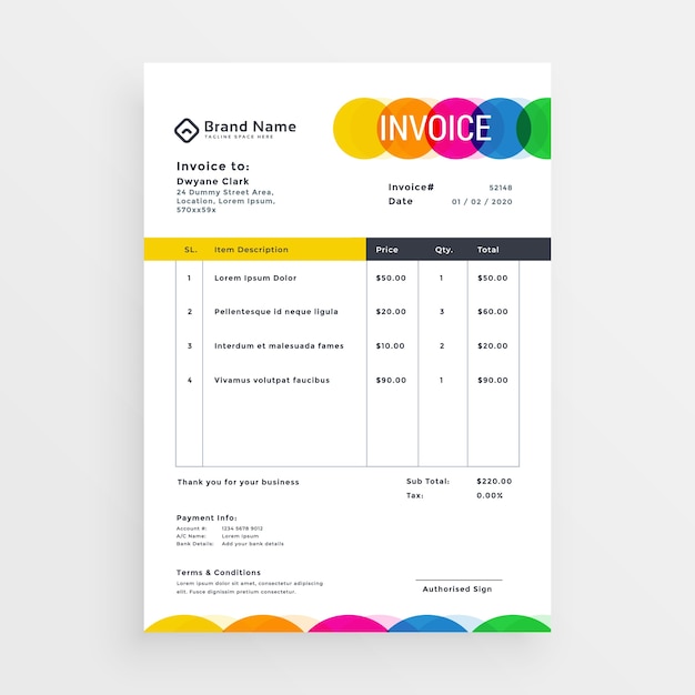 無料ベクター カラフルなベクトルインボイスのテンプレートデザイン