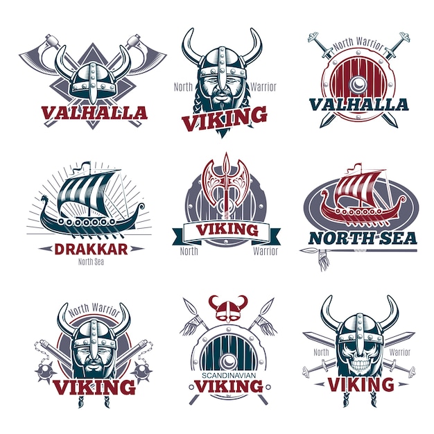 Free vector colorful viking labels set