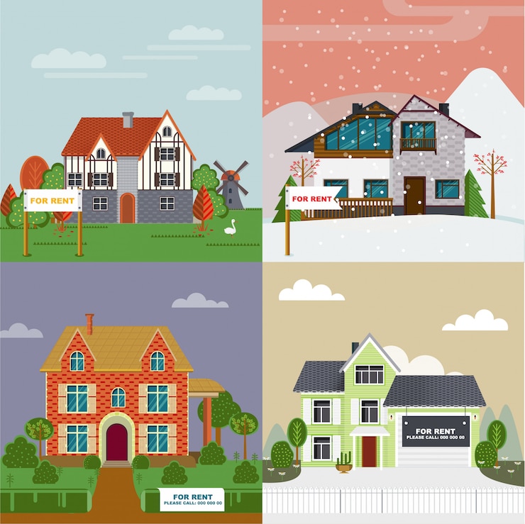 Free Vector colorful villas and cottages flat set