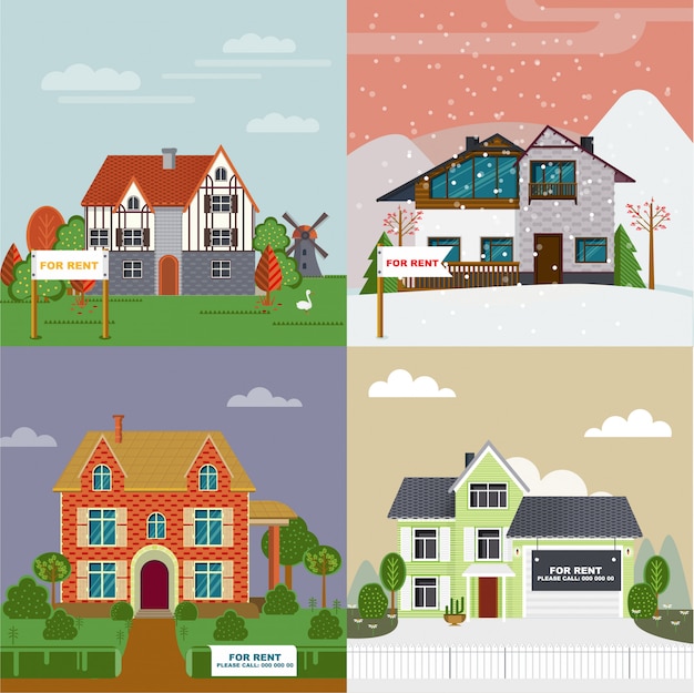 Colorful Villas And Cottages Flat Set