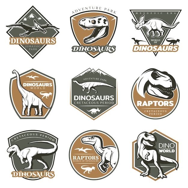 Бесплатное векторное изображение Красочные винтажные логотипы динозавров