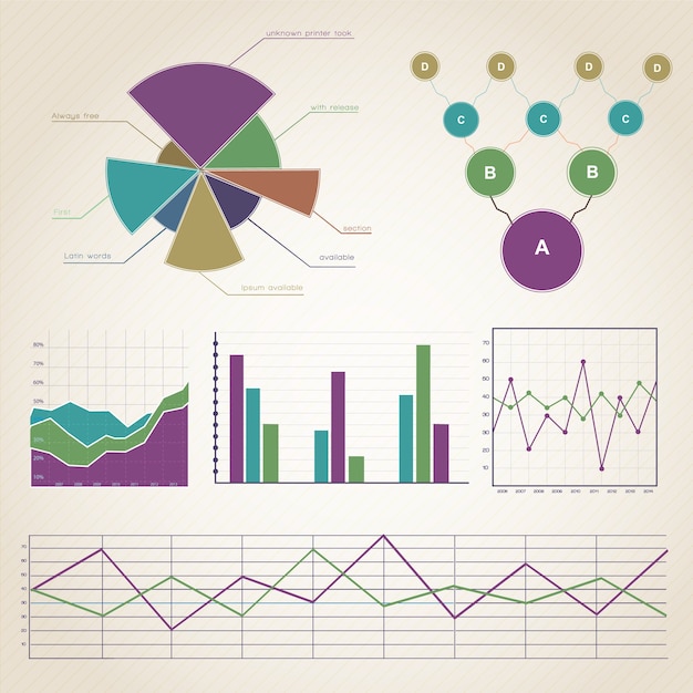 Красочная винтажная инфографика с шаблоном диаграмм различной формы и изолированными текстовыми полями