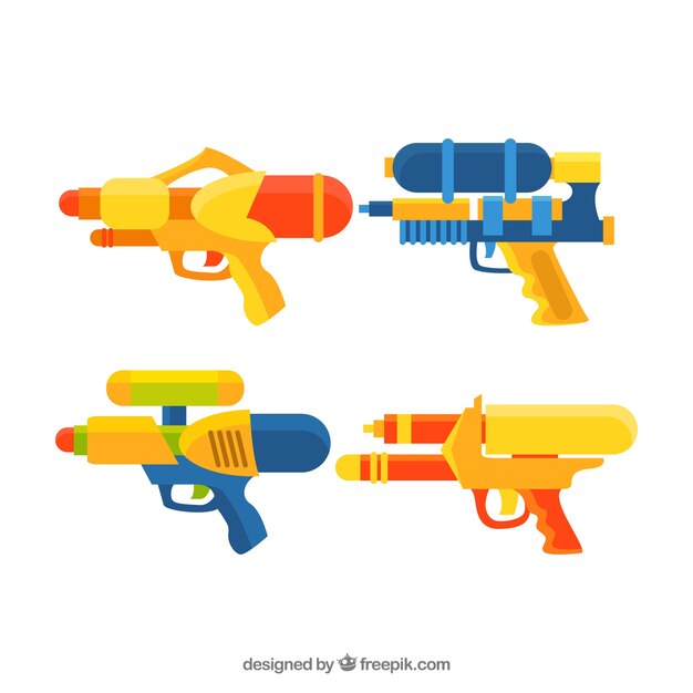 Colorful water guns collection in flat style