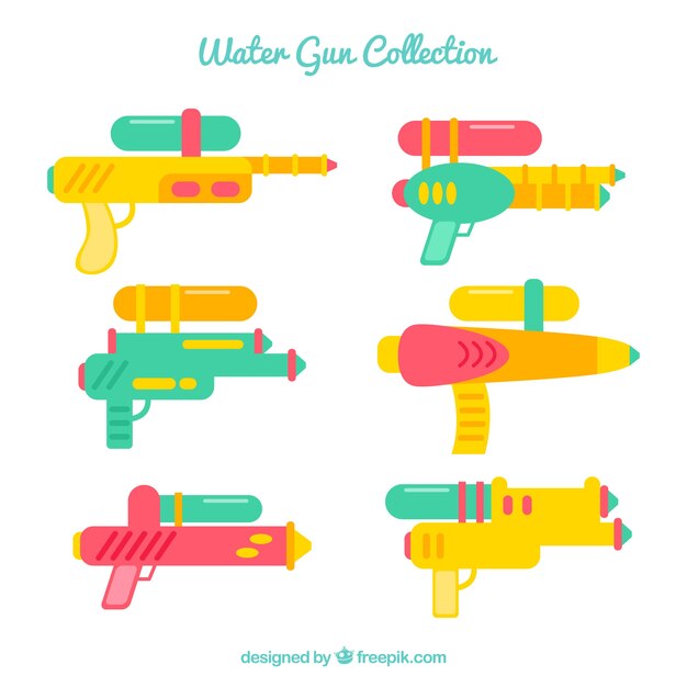 Colorful water guns collection in flat style