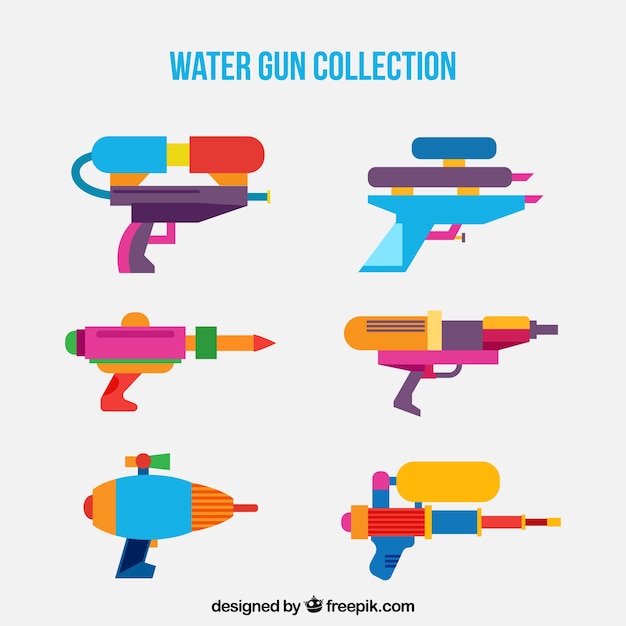 Colorful water guns collection in flat style