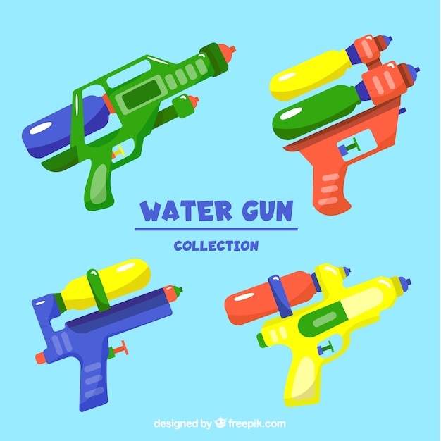 Colorful water guns collection in flat style