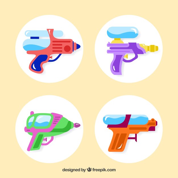 Colorful water guns collection in flat style