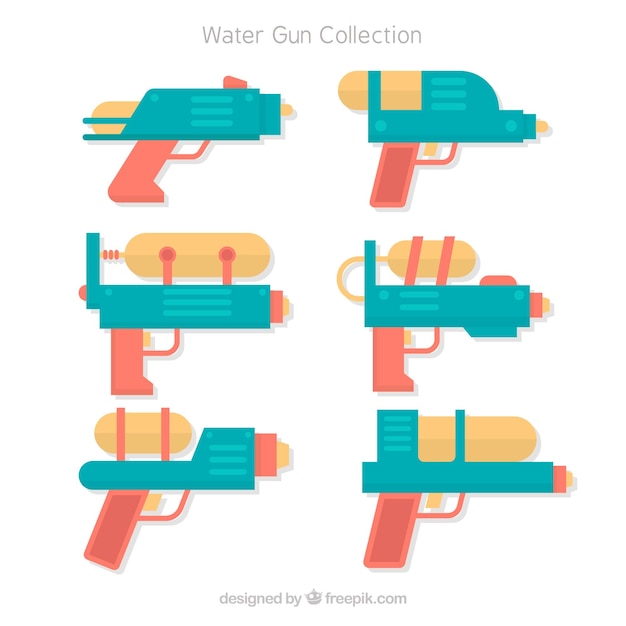 Colorful water guns collection in flat style