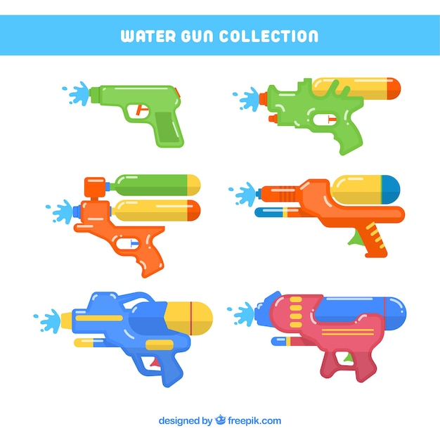 Colorful water guns collection in flat style