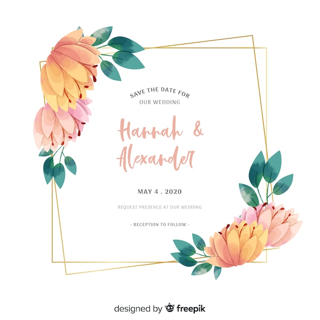 Colorful watercolor floral frame wedding invitation