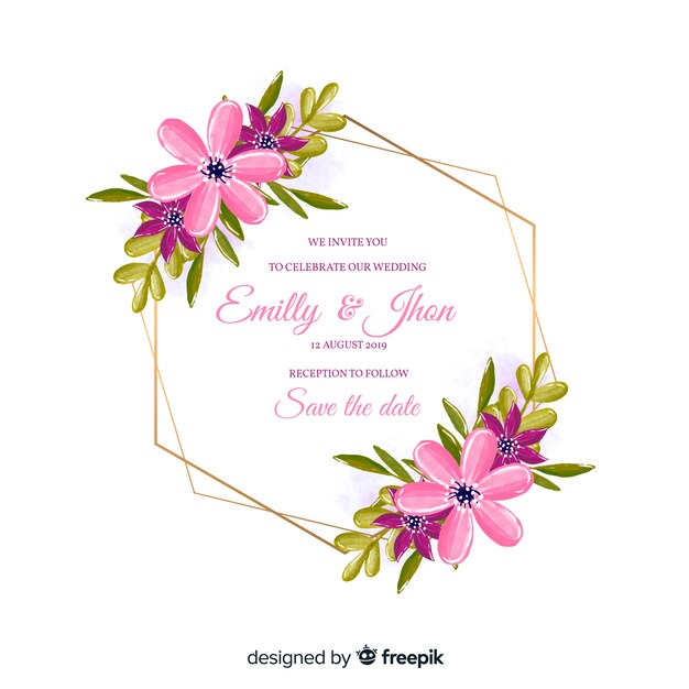 カラフルな水彩花のフレームの結婚式の招待状