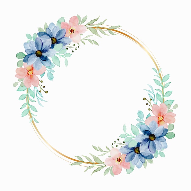 Colorful watercolor floral wreath with golden circle