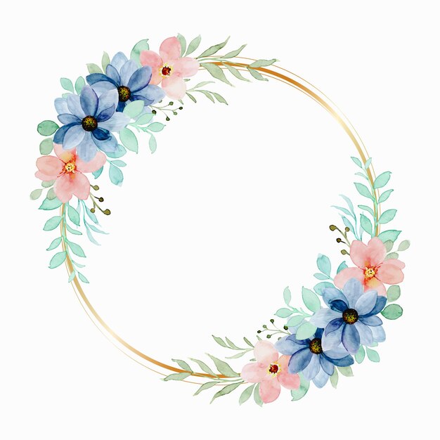 Colorful watercolor floral wreath with golden circle