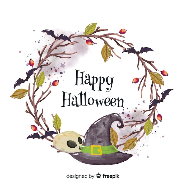 Free vector colorful watercolor halloween background with witch hat and skull