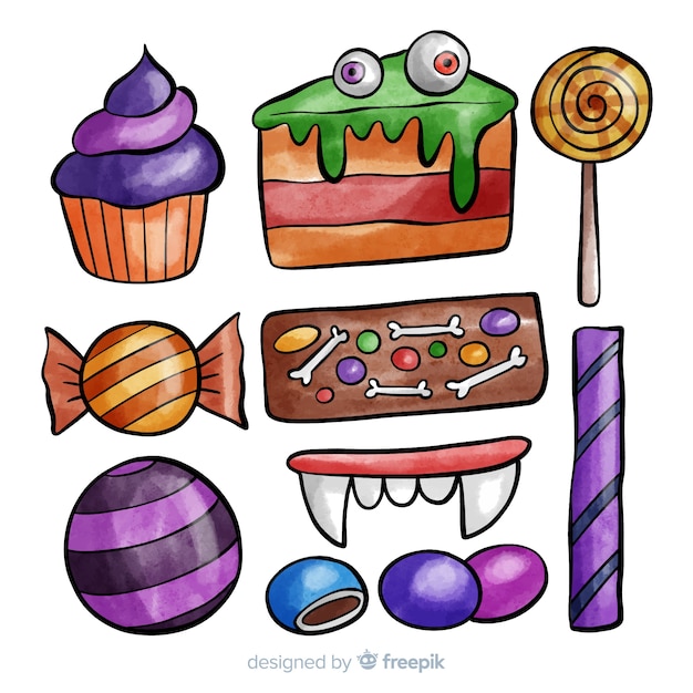 Free vector colorful watercolor halloween candy collection