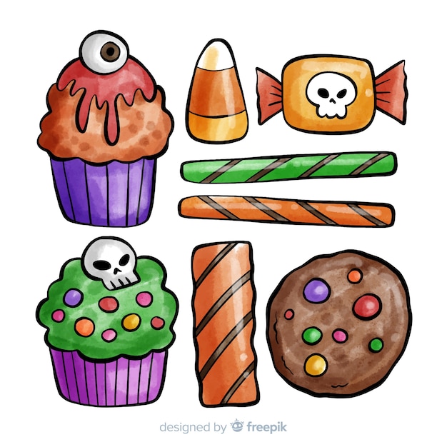 Free vector colorful watercolor halloween candy collection