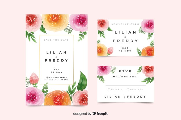 Colorful watercolor wedding stationery template
