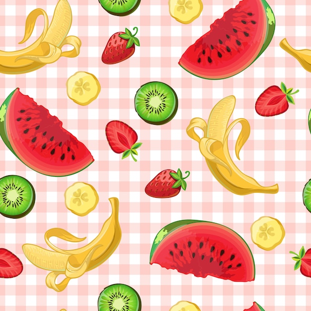 Colorful watermelon kiwi banana and strawberry fruit and slice symbols on pink kitchen tablecloth