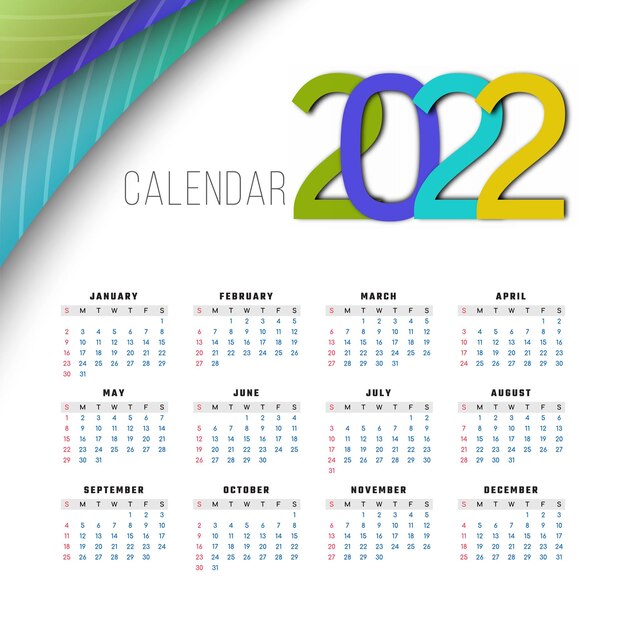 Free vector colorful wave style new year 2022 calendar design vector