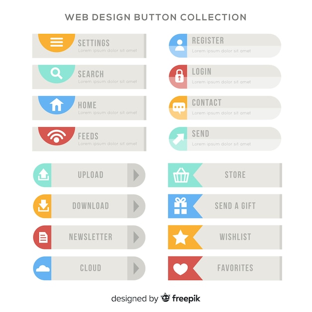 Красочная коллекция кнопок веб-дизайна с плоским дизайном