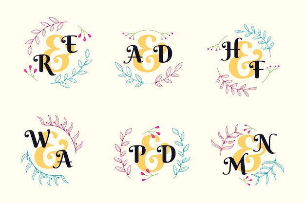 Vettore gratuito design colorato collezione monogramma di nozze