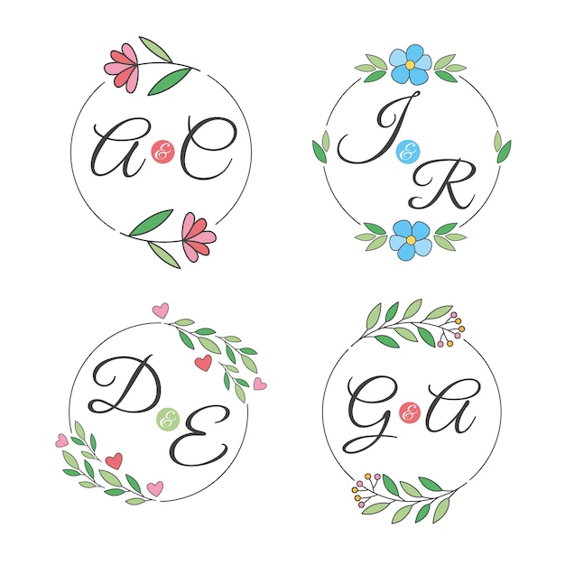 Free vector colorful wedding monograms logos concept