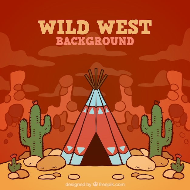 Colorful wild west background with tent and cactus