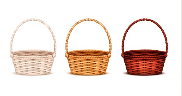 Colorful willow wicker baskets set of white natural and dark stained wood 3 realistic isolated   illustration