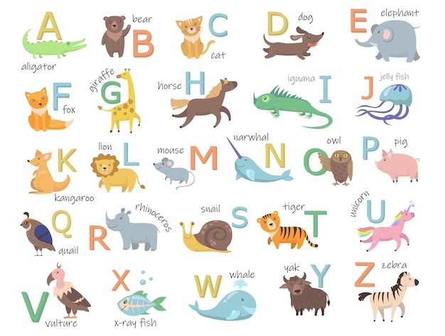 Colorful zoo alphabet with cute animals flat illustration set.