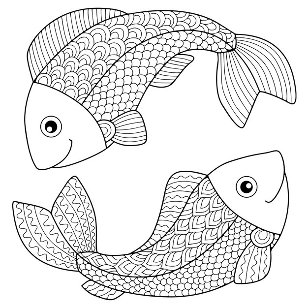 心臓の波の魚 大人の塗り絵の手描きスケッチイラスト プレミアムベクター