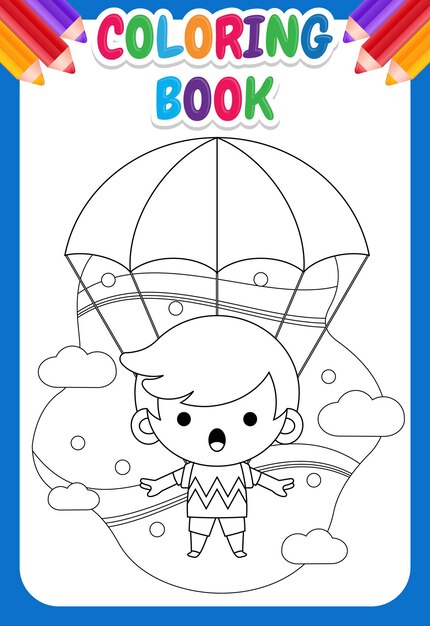 子供のための塗り絵 パラシュートで飛んでいるかわいい男の子 プレミアムベクター