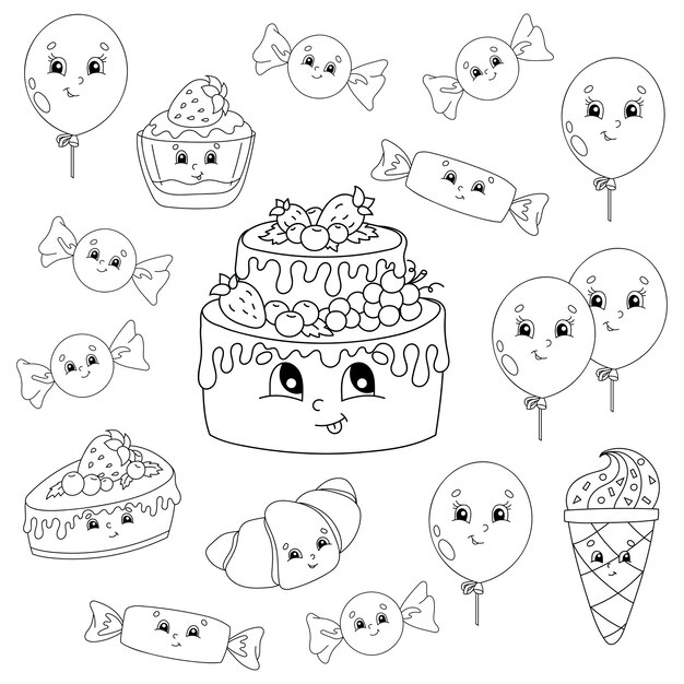 子供のための塗り絵 お誕生日おめでとうテーマ 陽気なキャラクター プレミアムベクター