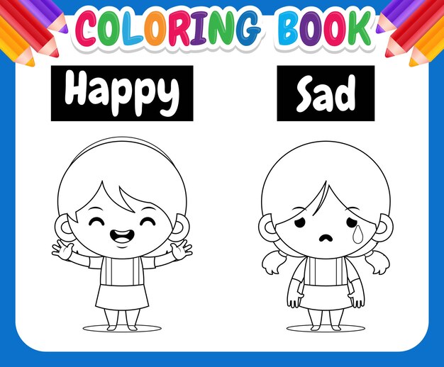 幸せと悲しい反対の言葉を教えるかわいい女の子の描画と子供のイラストの塗り絵 プレミアムベクター