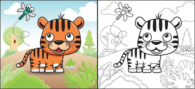 Coloring book or page of funny tiger cartoon with dragonfly in forest